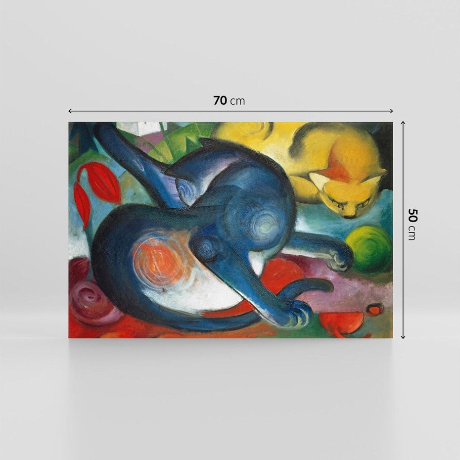 Obraz na płótnie 70x50 - "Dwa koty, niebieski i żółty" (1912) Franz Marc - Reprodukcja - reprodukcja, obraz na płótnie