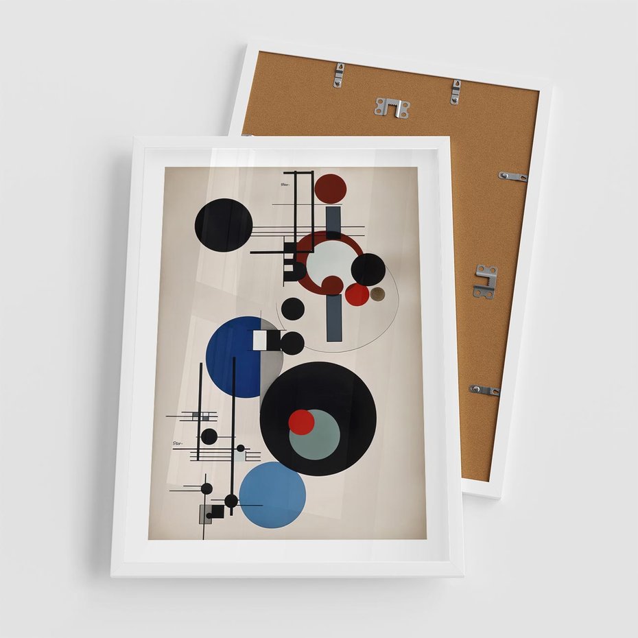 Plakat w ramie 50x70 - Rozkwitające Wibracje Wyobraźni - abstrakcyjna geometryczna kompozycja, koła linie - rama biała