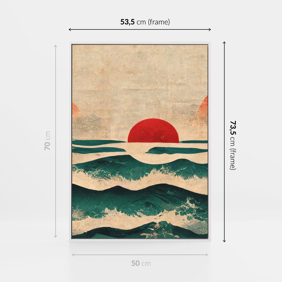 Obraz w ramie 50x70 - Czerwone Melodie - japońska sztuka, zachód słońca nad oceanem - rama biała
