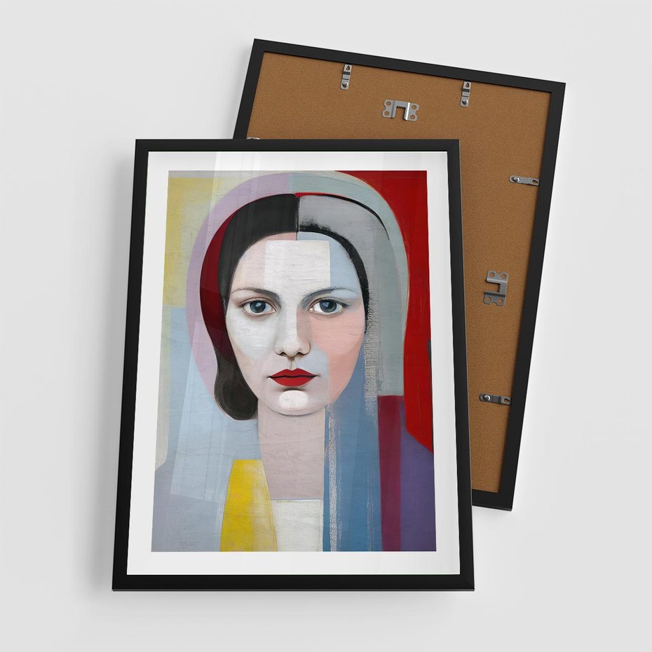 Plakat w ramie 50x70 - Kolorowe Granice Form - abstrakcyjny obraz olejny, portret twarzy kobiety - rama czarna