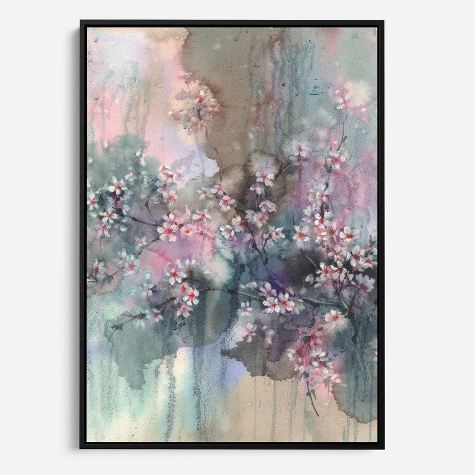 Obraz w ramie 70x100 - Efemeryczne Kwitnienie Drzew - akwarela, rozmyte pastelowe tłó - rama czarna