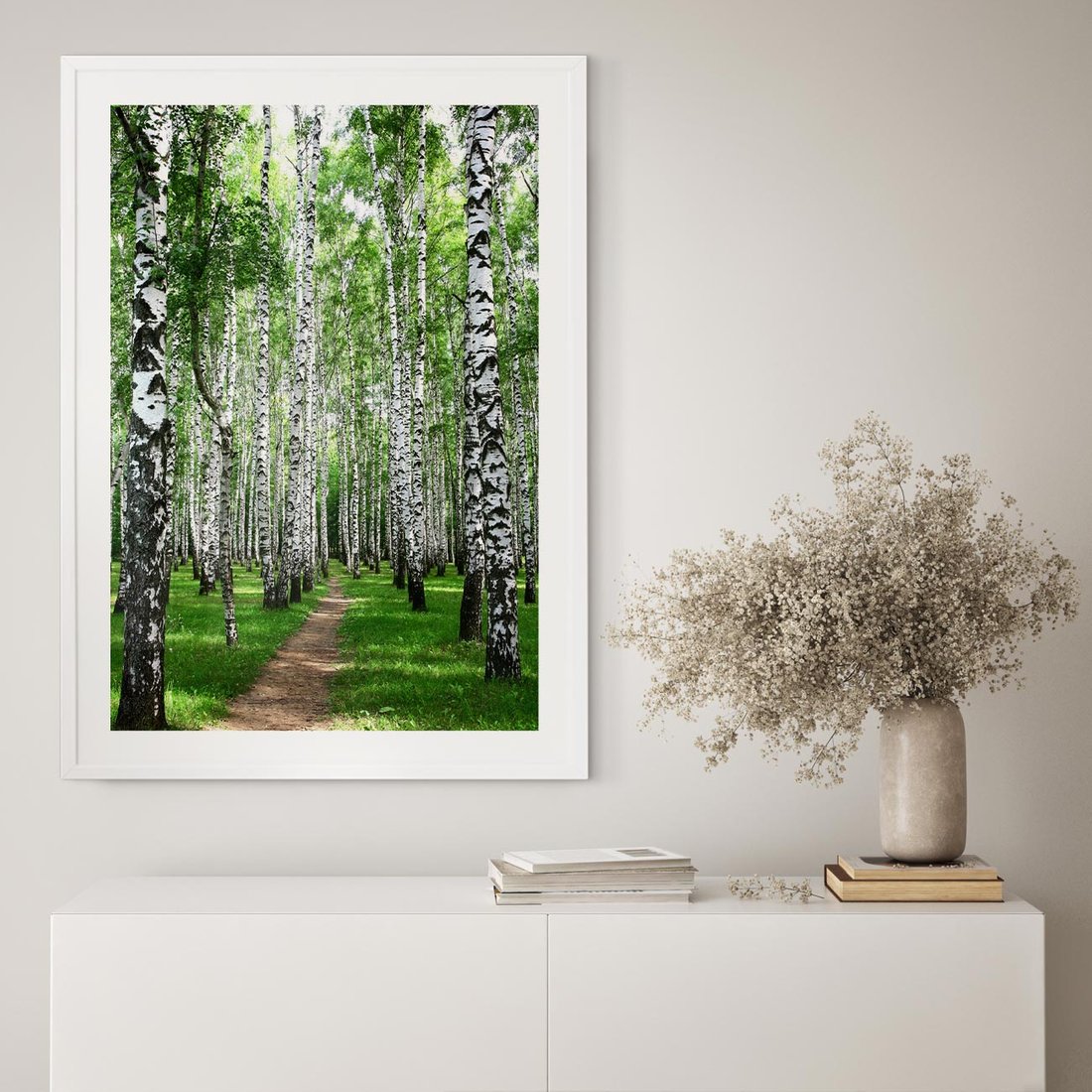 Plakat w ramie 50x70 - Magia lasu pełnego brzóz - las, brzozy - rama biała