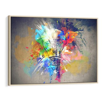 Obraz w ramie 70x50 - Kolory Kreatywnej Koncepcji - abstrakcyjna grafika, szkic żarówki - rama drewno