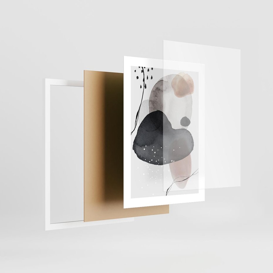 Plakat w ramie 30x40 - Impresje Harmonii - abstrakcyjne plamy akwarelowe, czarny szkic - rama biała