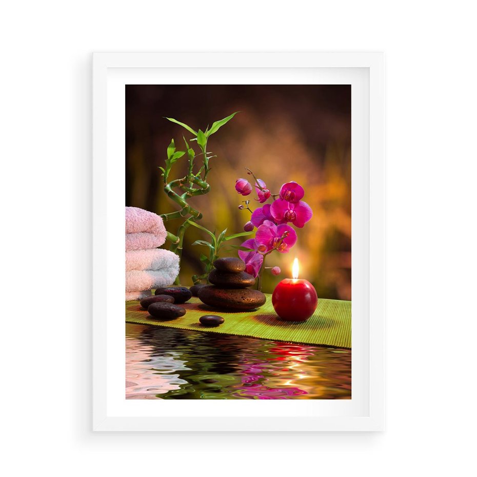 Plakat w ramie 50x70 - Światło Świecących Kwiatów w Spa - spa, świaca - rama biała