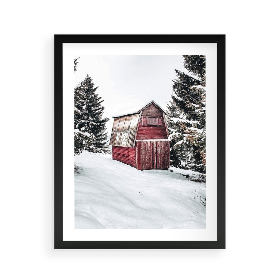 Plakat w ramie 40x50 - Domek w Śnieżnych Górach - domek, góry - rama czarna