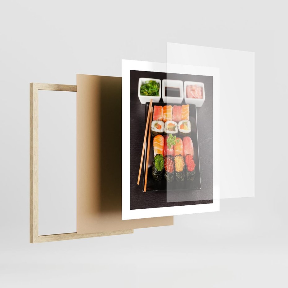 Plakat w ramie 40x50 - Kulinarne podróże do Japonii - sushi, japonia - rama drewno