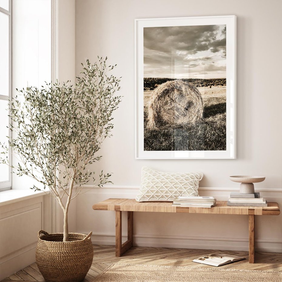 Plakat w ramie 40x50 - Ciepło Natury - snopki siana, pole - rama biała