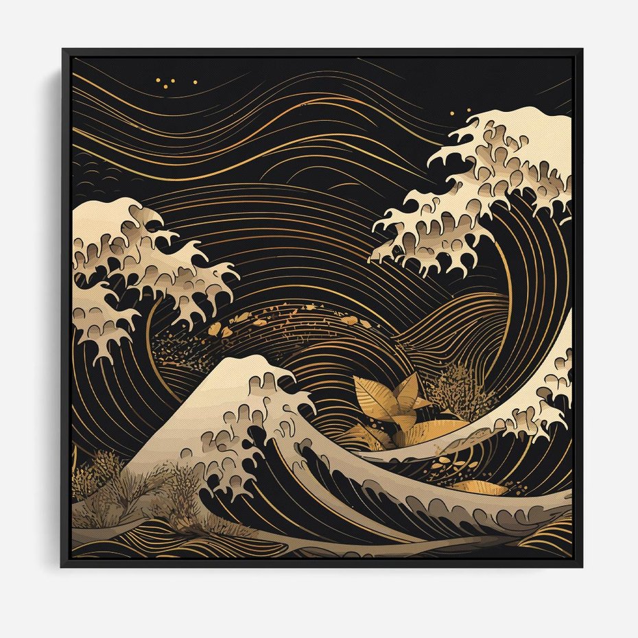 Obraz w ramie 50x50 - Złote Piękno - ciemny obraz, fala morska - rama czarna