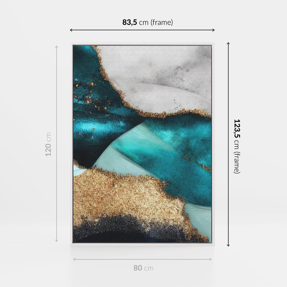 Obraz w ramie 80x120 - Rozlane Turkusy - Turkusowe plamy, złote elementy - rama biała