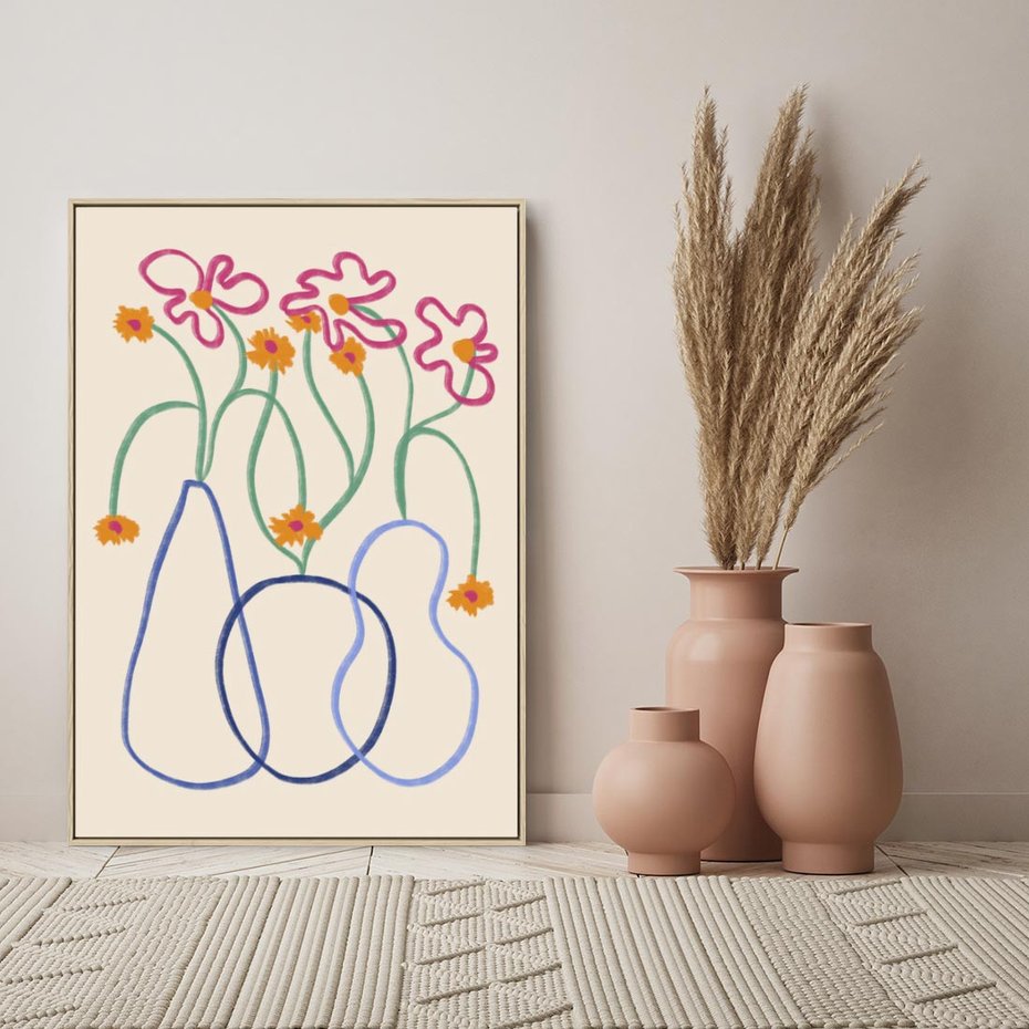 Obraz w ramie 80x120 - Migocące Pastelowe Impresje - minimalistyczny abstrakcyjny obraz, prymitywne kwiatki - rama drewno