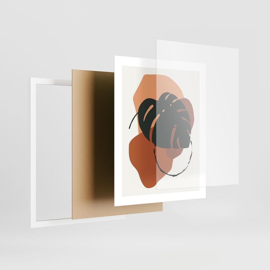 Plakat w ramie 40x50 - Brązowa Ekspresja - liść monstery, boho obraz - rama biała