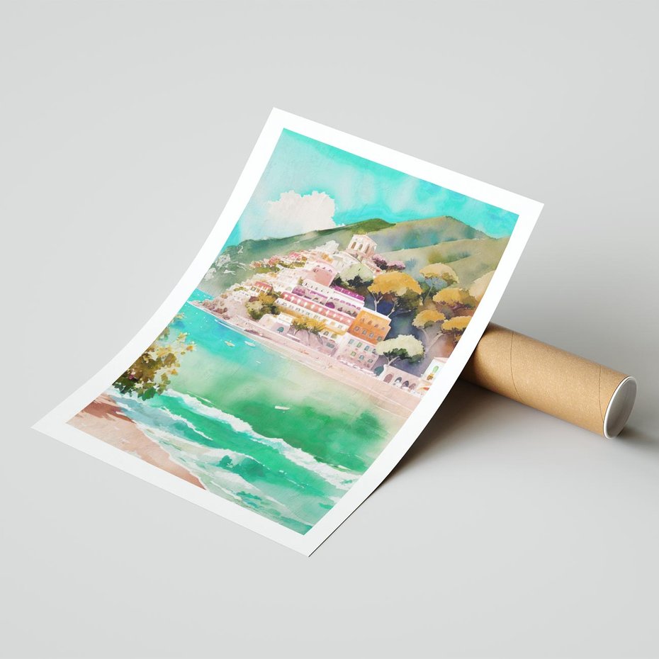 Plakat bez ramy 21x30 - Na Zboczu - akwarela, nadmorski pejzaż