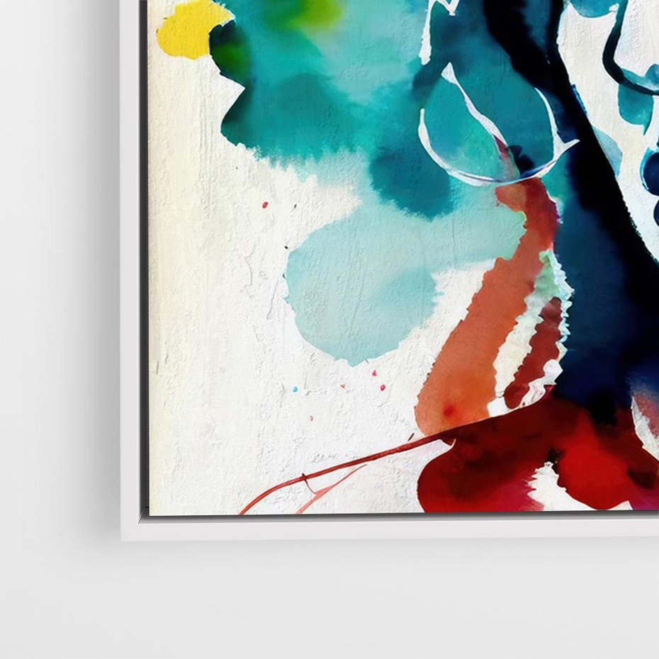 Obraz w ramie 70x50 - Abstrakcyjna ekstaza barw - abstrakcyjny portret kobiety, szkic czarną kreską - rama biała