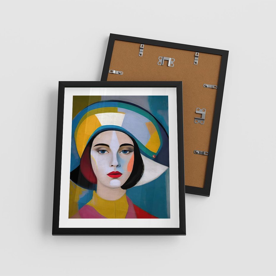 Plakat w ramie 40x50 - Kształtujące Widzenia - abstrakcyjny obraz olejny, portret twarzy kobiety - rama czarna