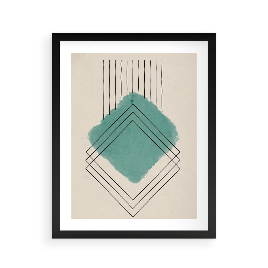 Plakat w ramie 40x50 - Impresje Przestrzeni - akwarelowa plama, geometryczne szkicowane kształty - rama czarna