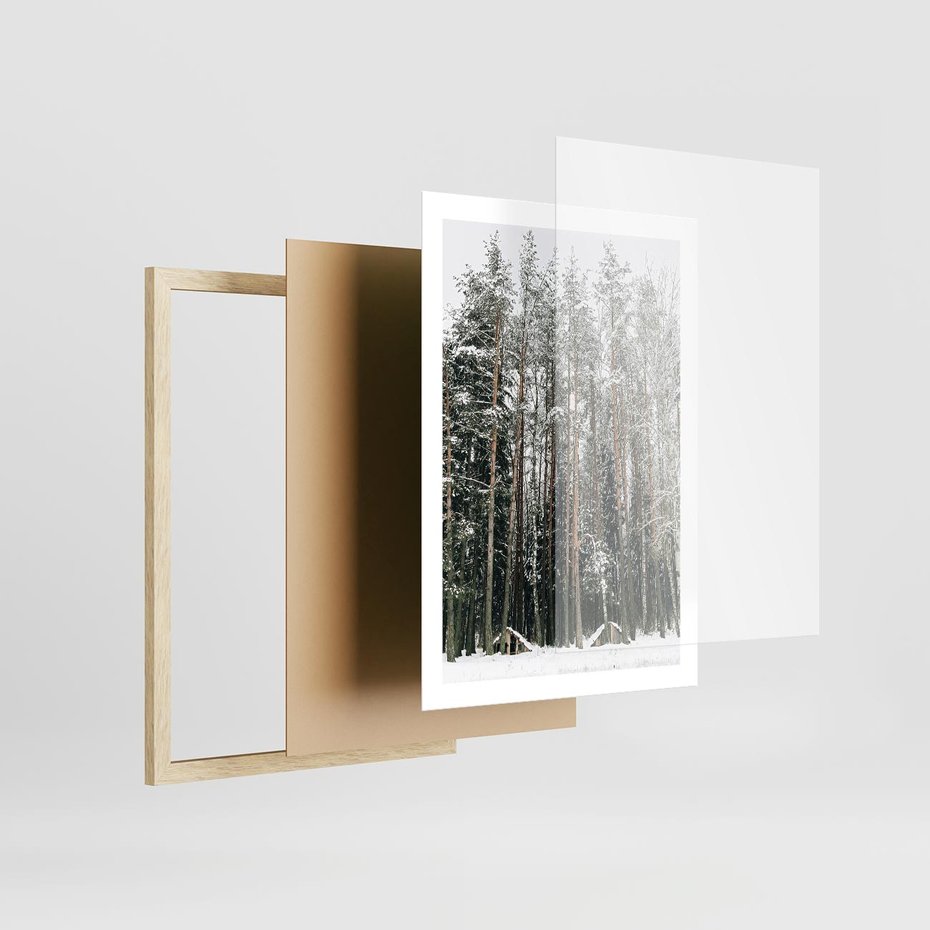 Plakat w ramie 50x70 - Sypiący Śnieg - las w zimie, drzewa pod śniegiem - rama drewno