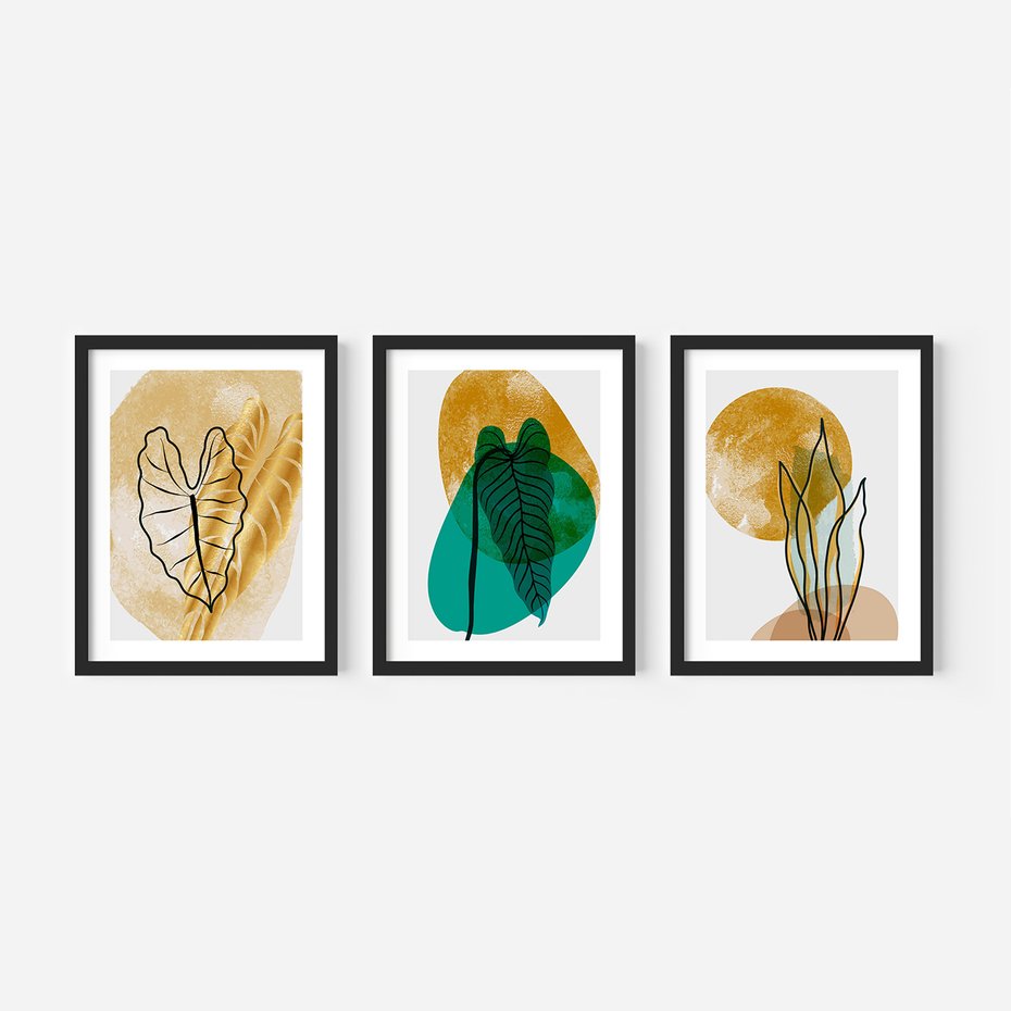 Zestaw obrazy w ramie 50x70 galeria - Złote, liście, monstera, akwarela - rama czarna