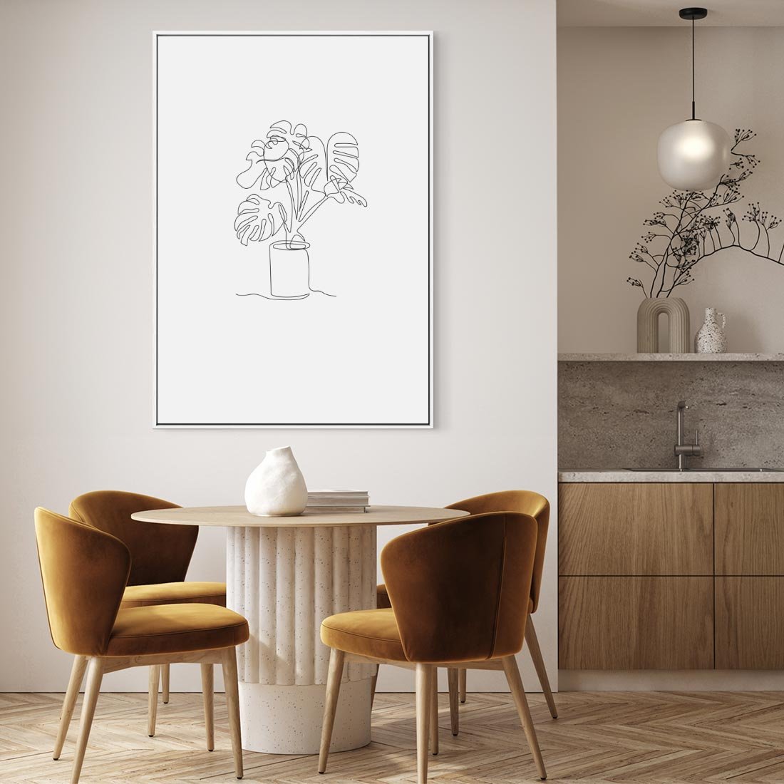 Obraz w ramie 80x120 - Tajemnicza Harmonia - sztuka one line, monstera - rama biała