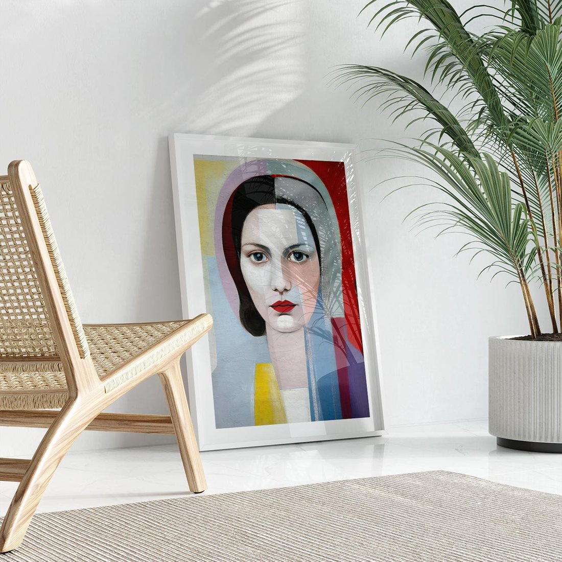 Plakat w ramie 40x50 - Kolorowe Granice Form - abstrakcyjny obraz olejny, portret twarzy kobiety - rama biała