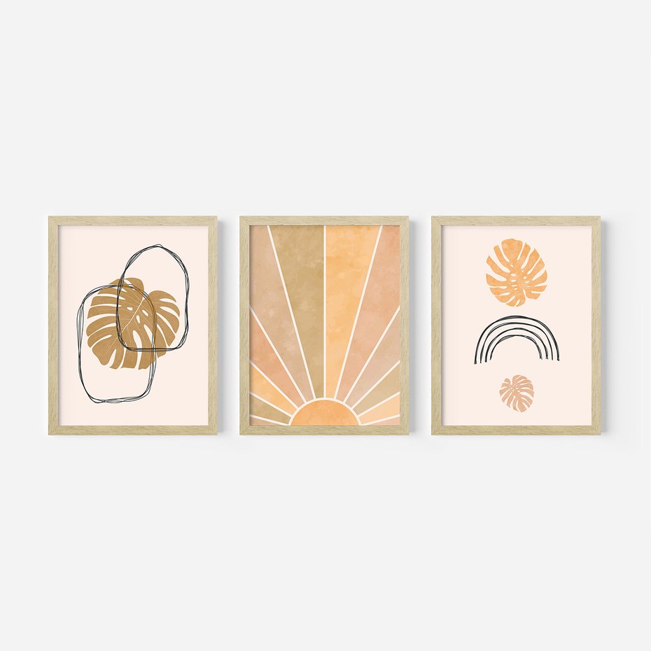 Zestaw obrazy w ramie 30x40 galeria - Boho, monstera, tęcza, nowoczesne - rama drewno