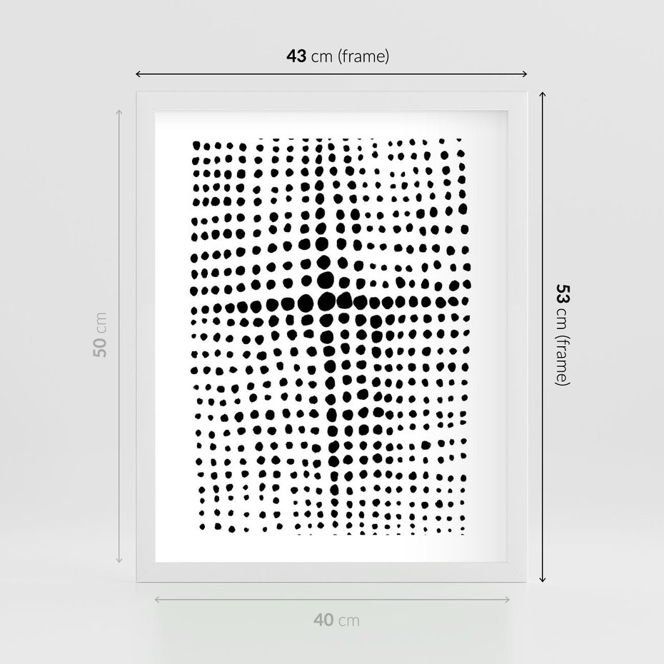 Plakat w ramie 40x50 - Refleksje Monochromatycznych Widoków - abstrakcyjna kompozycja z czarnych kropek, minimalistyczny czarno bialy plakat - rama biała