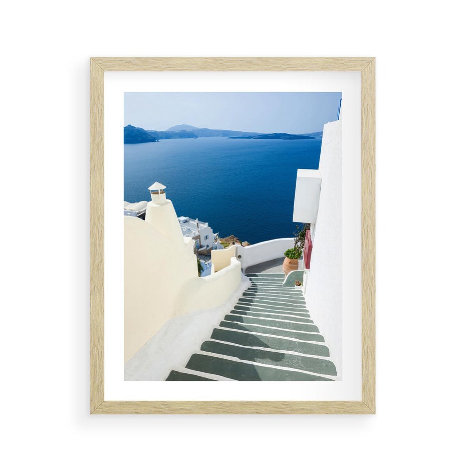 Plakat w ramie 40x50 - Malowniczy urok wyspy - Santorini, schodki - rama drewno