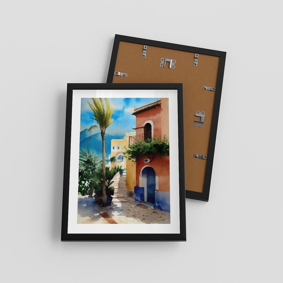 Plakat w ramie 30x40 - Spokój Miasta nad Morzem - akwarela, sródziemnomorski klimat - rama czarna