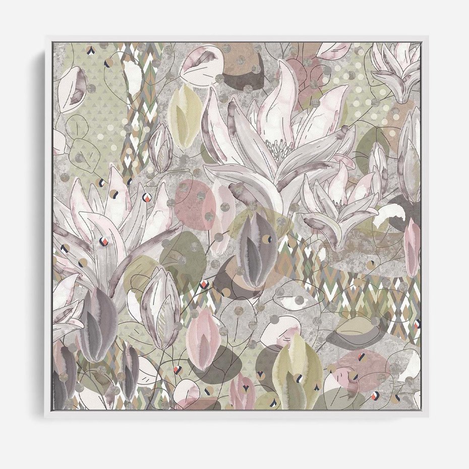 Obraz w ramie 50x50 - Pejzaże zatajonej duszy - połączenie tekstur, roślinne motywy - rama biała