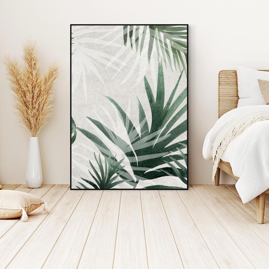 Obraz w ramie 70x100 - Tropikalne Akwarele - tropikalne liście, akwarela - rama czarna