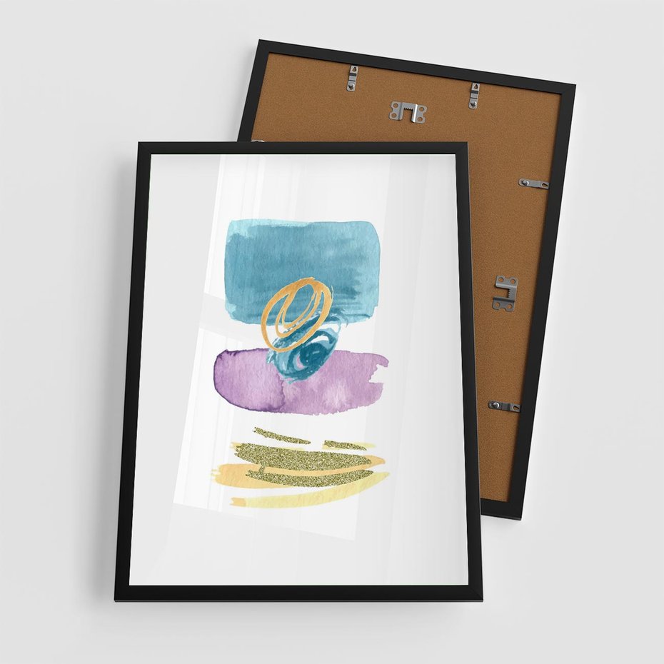 Plakat w ramie 50x70 - Taniec Akwarelowych Kresek - akwarelowe plamy w odcieniach błękitu, złote kreski - rama czarna