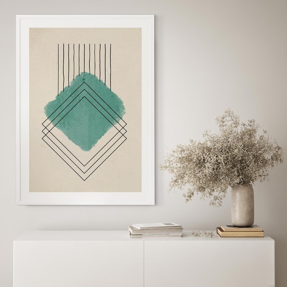 Plakat bez ramy 50x70 - Impresje Przestrzeni - akwarelowa plama, geometryczne szkicowane kształty