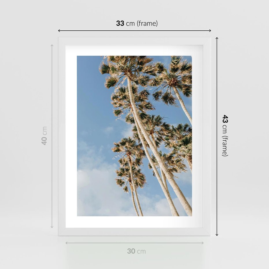 Plakat w ramie 30x40 - Pod Niebem Palmy - palmy na niebieskim niebie - rama biała
