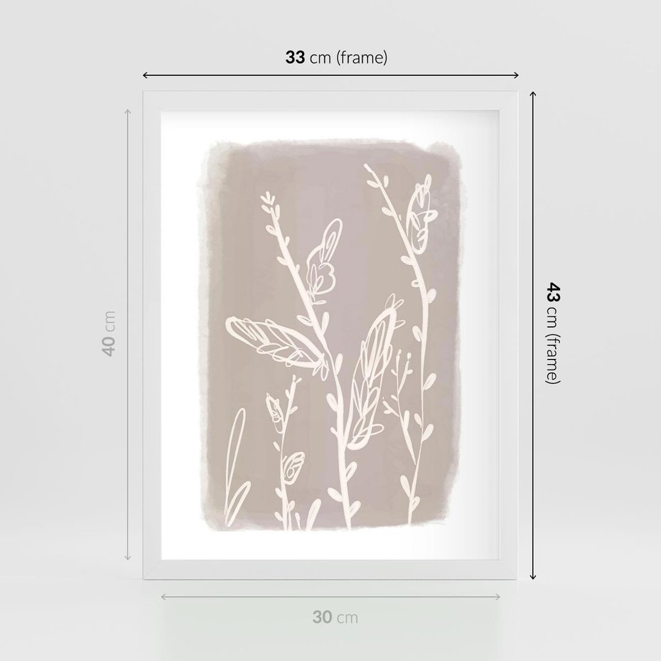 Plakat w ramie 30x40 - Roślinne Przeniknięcia - nowoczesny subtelny plakat, beżowy - rama biała