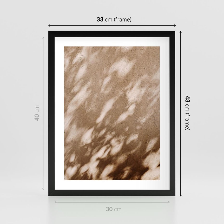 Plakat w ramie 30x40 - Abstrakcyjna Kompozycja: Cień na Ścianie - cień na ścianie, beżowe kolory - rama czarna