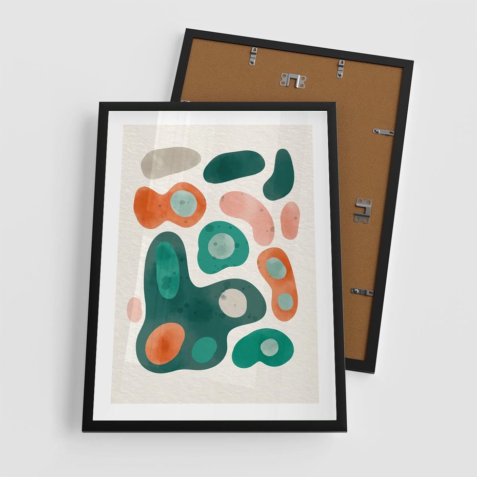 Plakat w ramie 50x70 - Kolorowe Przenikanie - przypadkowe abstrakcyjne plamy, pomarańczowy i zielony - rama czarna