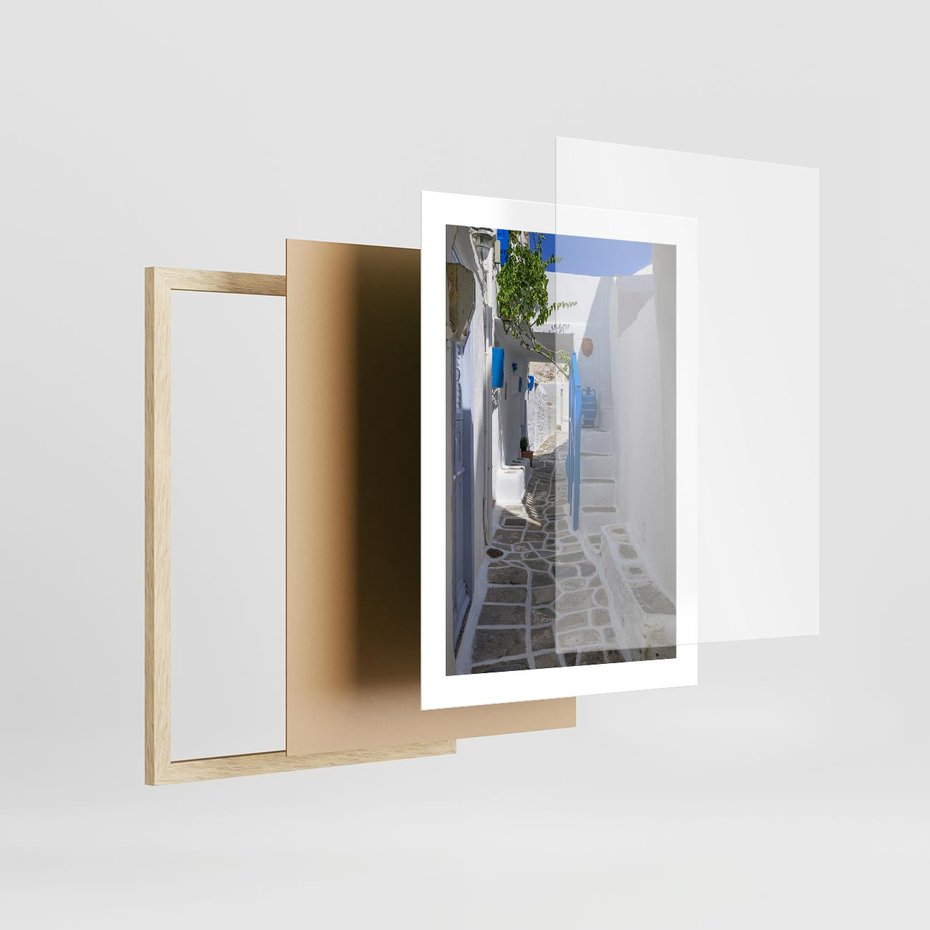 Plakat w ramie 30x40 - Uroki Santorini: Perspektywiczna Uliczka - uliczka, perspektywa - rama drewno