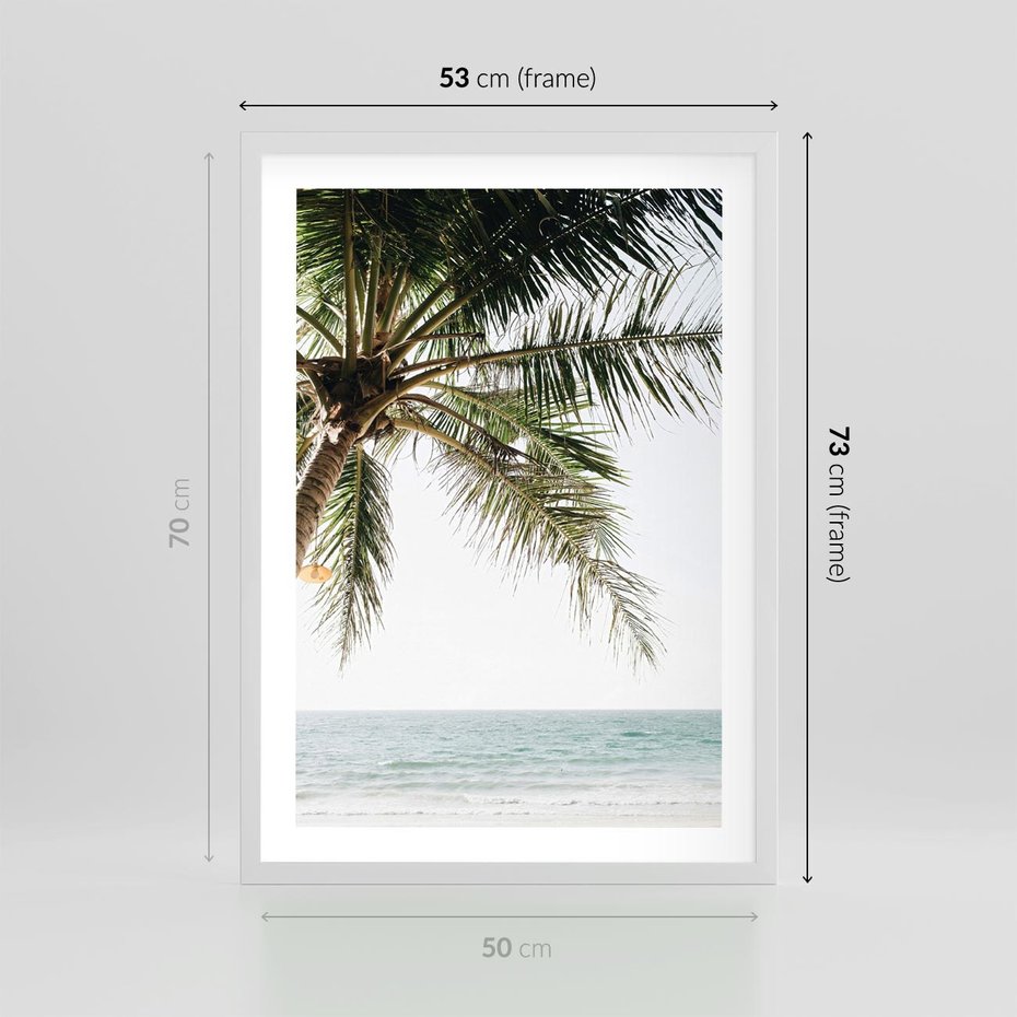 Plakat w ramie 50x70 - Wakacyjne Marzenie - palma nad morzem, - rama biała