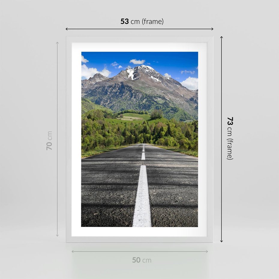 Plakat w ramie 50x70 - Droga przez góry: podróż do przygody - droga, góry - rama biała
