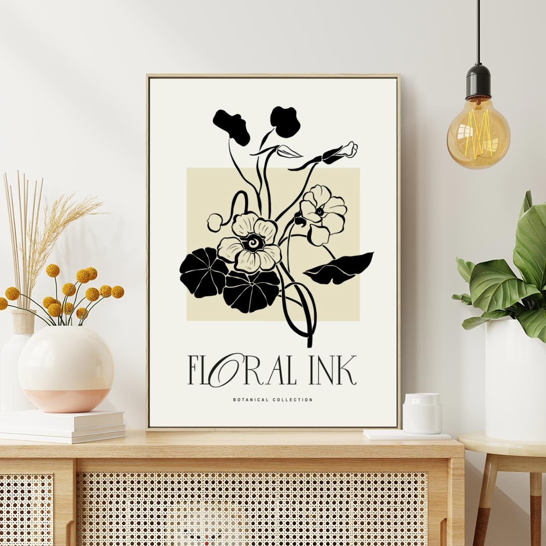 Obraz w ramie 70x100 - Podróż linii kwiatowego czasu - kwiaty, typografia - rama drewno