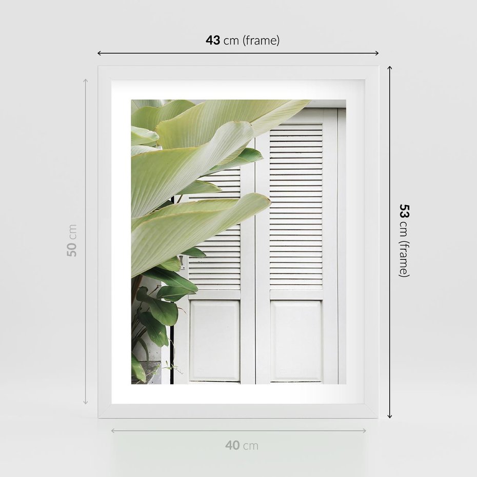 Plakat w ramie 40x50 - Tropikalne Okno - białe okiennice, zielona tropikalna roślina - rama biała