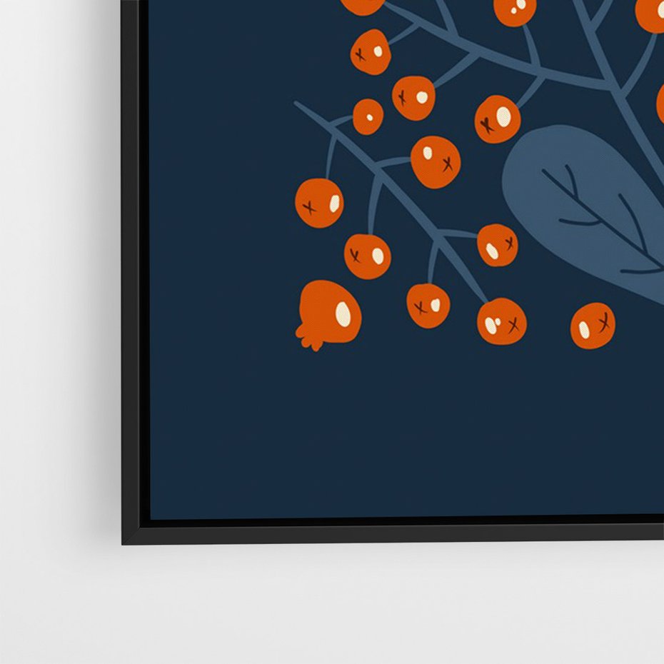 Obraz w ramie 50x70 - Symfonia liści i owoców - granatowe tło, pomarańczowe owoce jarzębiny - rama czarna