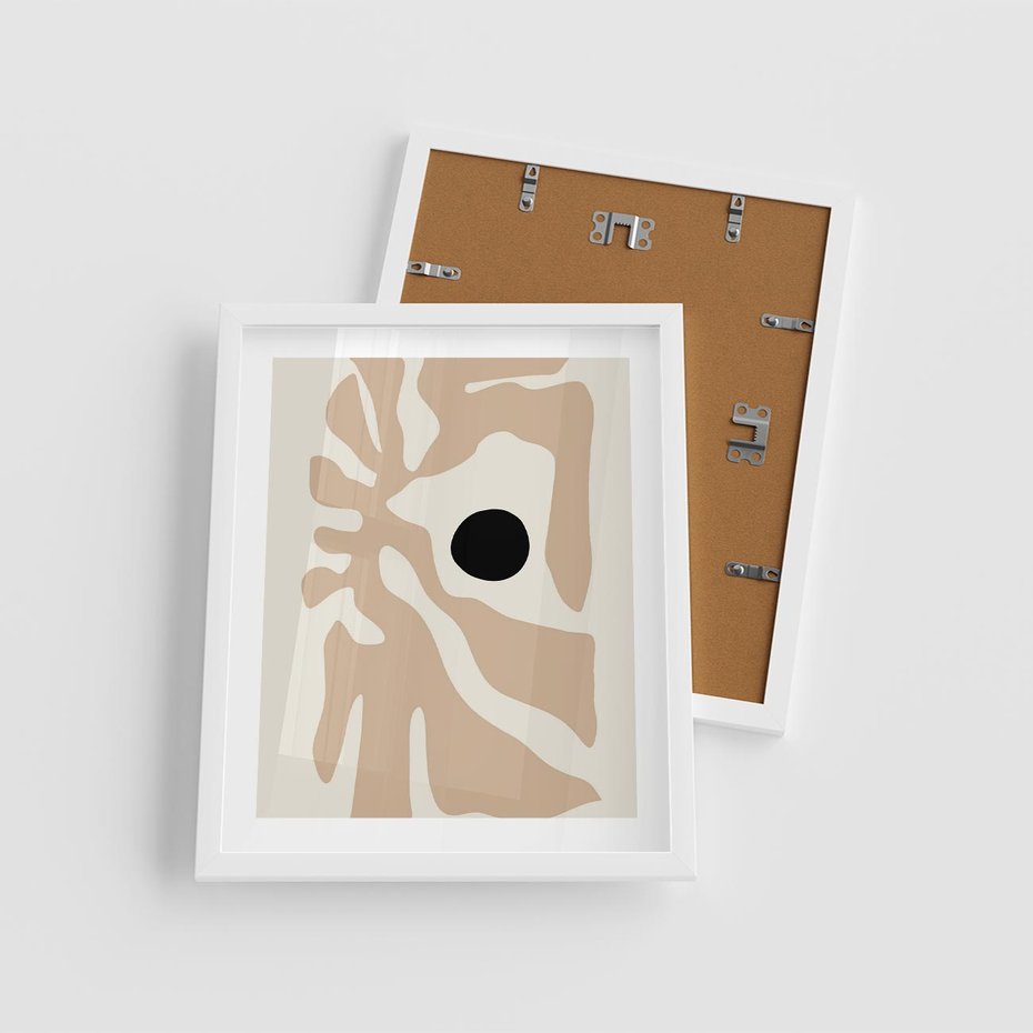Plakat w ramie 40x50 - Eksploracja Abstrakcji - beżowa absrakcyjna kompozycja, czarny akcent - rama biała