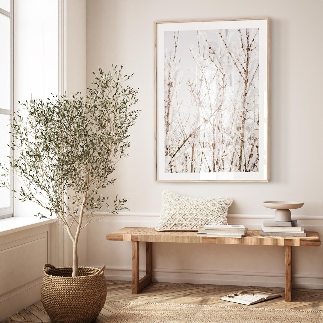 Plakat w ramie 30x40 - Szron na Gałęziach - ośnieżone gałązki, szron na gałęziach - rama drewno