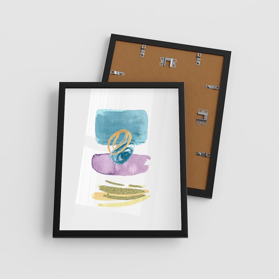 Plakat w ramie 40x50 - Taniec Akwarelowych Kresek - akwarelowe plamy w odcieniach błękitu, złote kreski - rama czarna