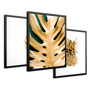 Zestaw obrazy w ramie 30x40 galeria - Złoty, ananas, monstera, gold - rama czarna