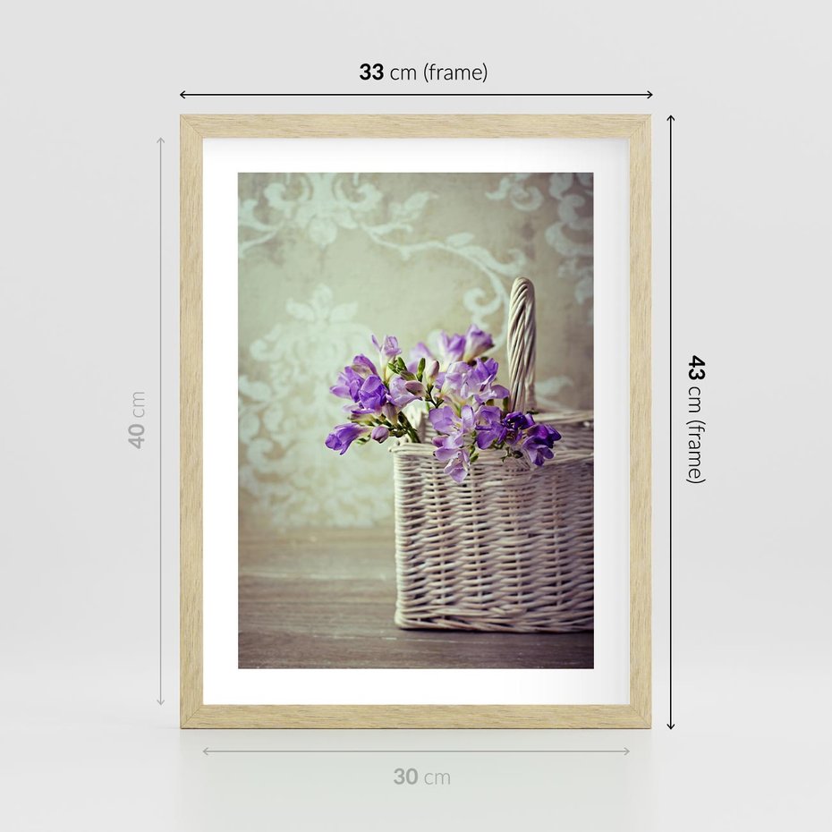 Plakat w ramie 30x40 - Kwiatowy koszyk - kwiaty, koszyk - rama drewno