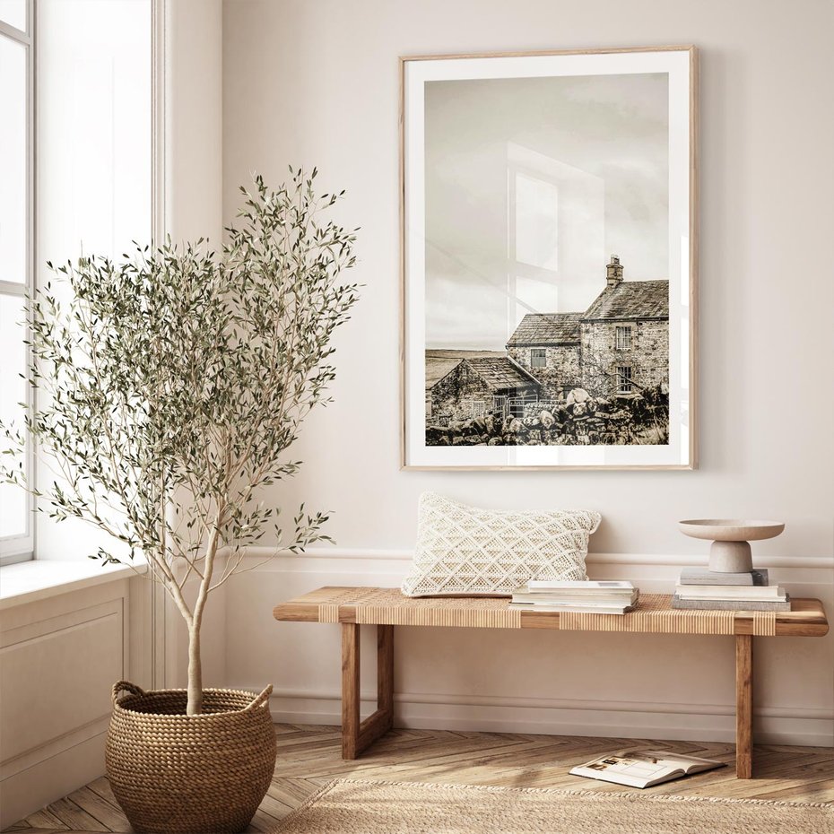 Plakat w ramie 30x40 - Kamienny Dom w Odcieniach Sepii - stary kamienny dom, odcienie sepii - rama drewno