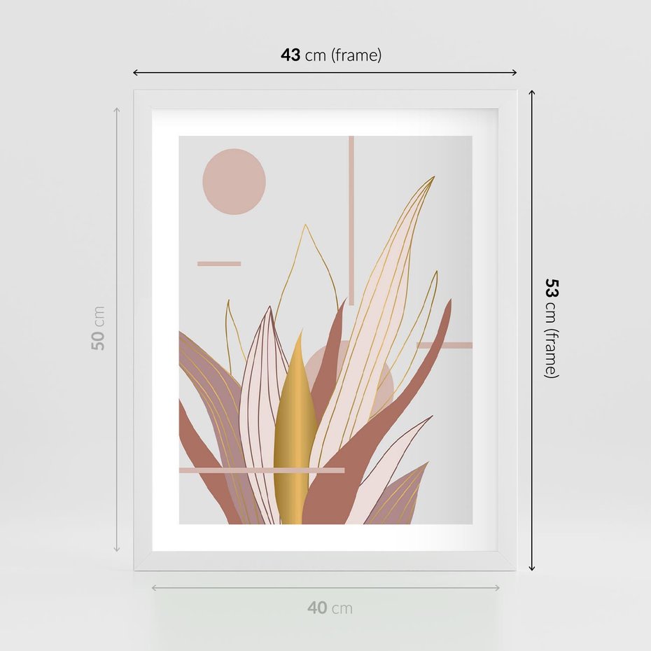 Plakat w ramie 40x50 - Złota Grafika Liści: Wyjątkowa Dekoracja - liście, złoto - rama biała
