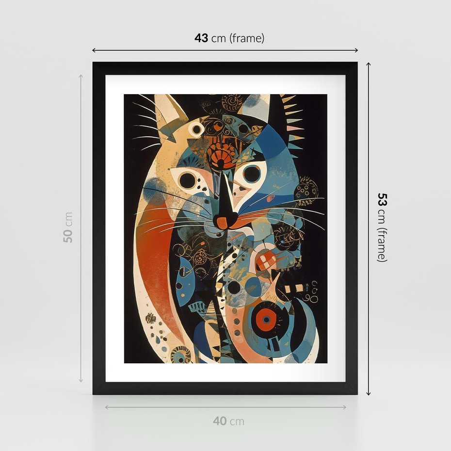 Plakat w ramie 40x50 - Księga Surrealnych Wymiarów - abstrakcyjny obraz olejny, kot - rama czarna